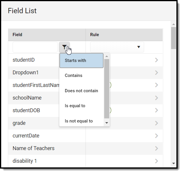 Image of the funnel button filtering options Image of the funnel button filtering options